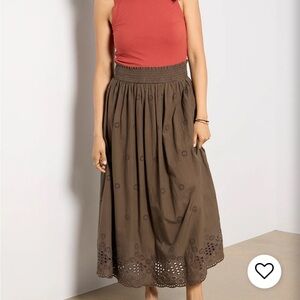 Brown Eyelet Midi Skirt